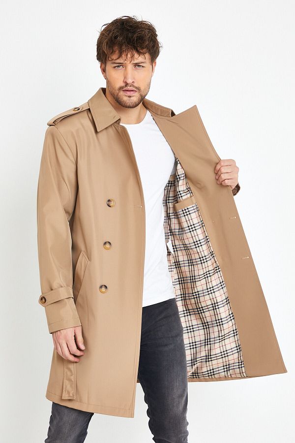 Bigart Plaid Lining Detailed Men s Topcoat Trench Coat Camel Trendyol