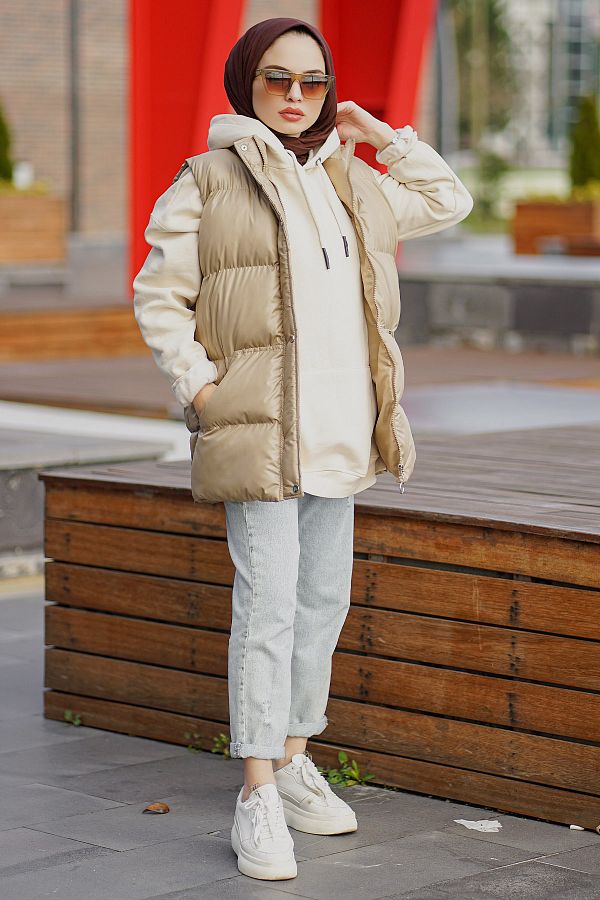 Minel Women s Camel Zippered Puffer Vest Trendyol