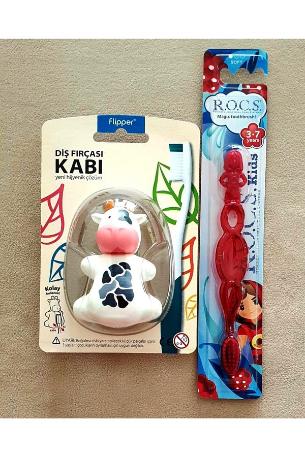 R.O.C.S.-R.o.c.s 3-7 Years Old Toothbrush Red And Cow Figure Flipper Toothbrush Container 1