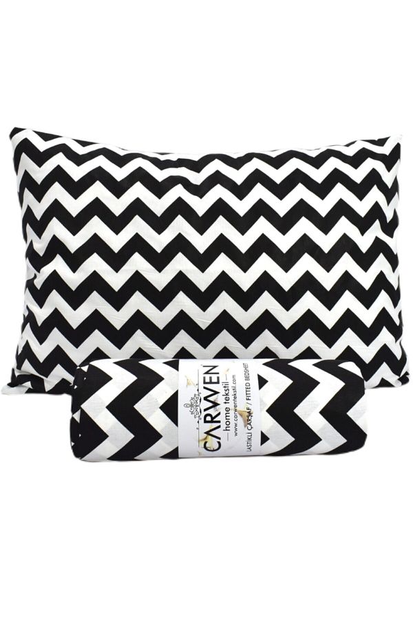 CARWEN TEKSTİL-Black Zigzag Single Ranforce Cotton Fabric Elastic Sheet Set 1