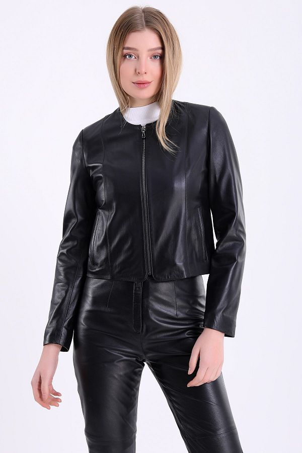 Leather Club Black Crew Neck Leather Jacket Trendyol