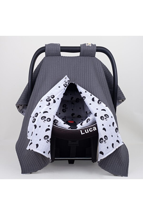 Bee collection Kışlık Puset Örtüsü Ve Minderi Gri Örgü Pike-panda Desen