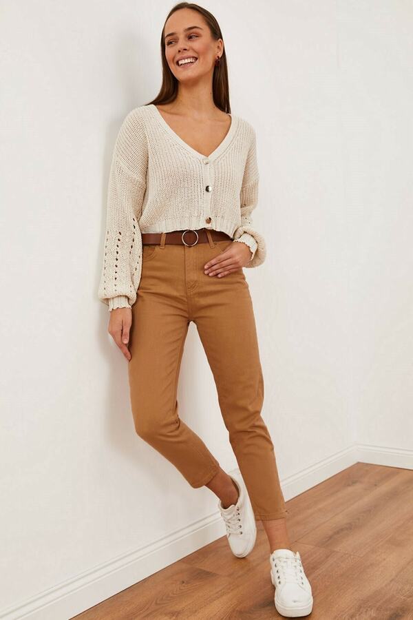 fehika Women's Camel Tan Color Mom Boyfriend High Waist Denim