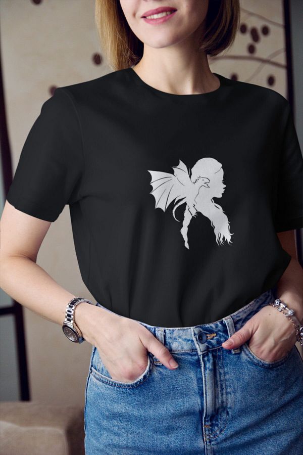 Kio Tasarım-Game Of Thrones Khaleesi Mother of Dragon Printed Women's T-Shirt - Black and White 1