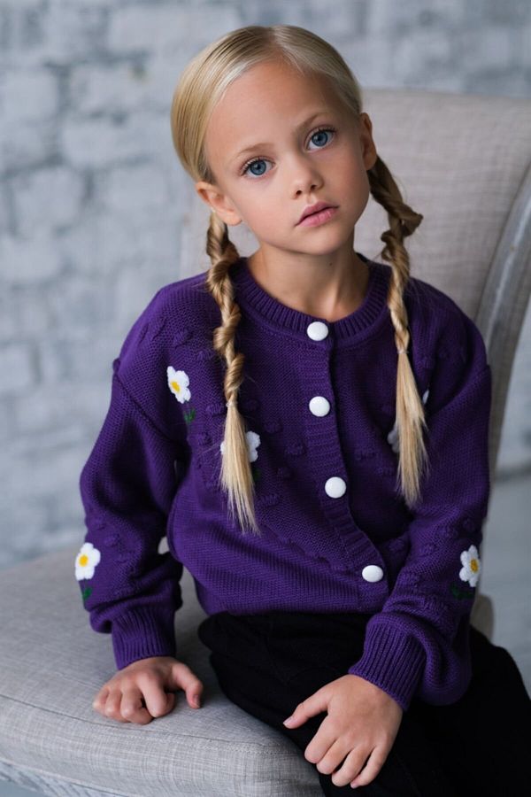 Hilal Ak nc Kids Girl s Daisy Embroidered Purple Cardigan Knitwear Trousers Double Set Trendyol