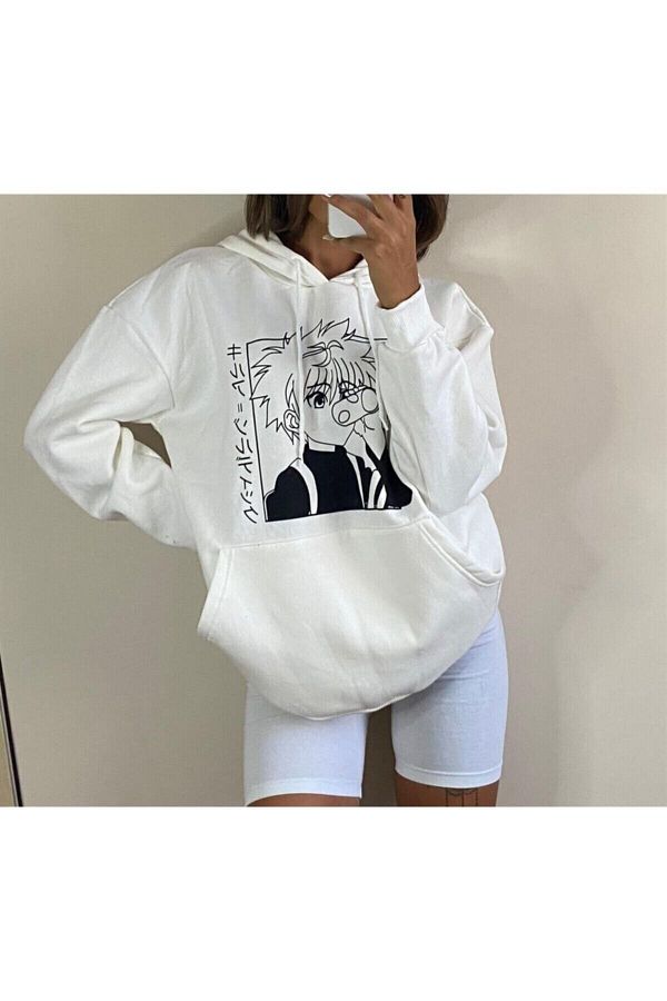 Touz Anime Hunter X Hunter Killua Oversize unisex White Hooded Hoodie Trendyol
