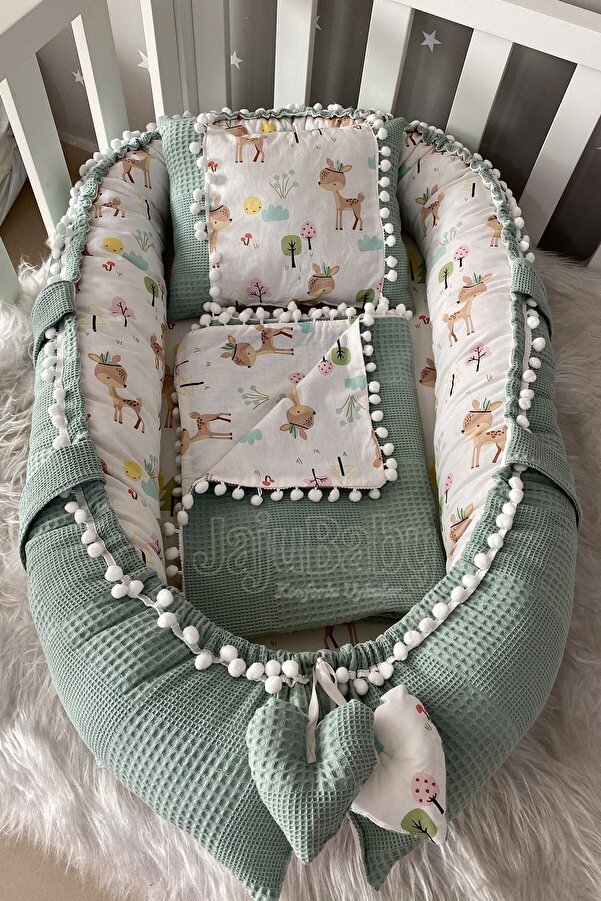 Jaju Baby Babynest Pike Kumaş Ve Poplin Kumaş Ceylan Tasarım Ponponlu 3'lü Jaju-babynest Set