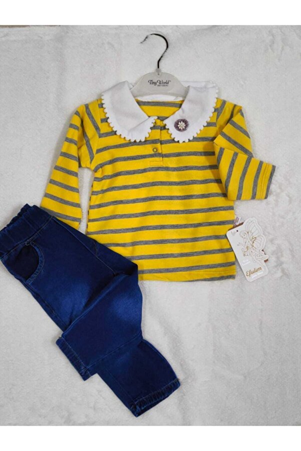 Tiny World Bebe Yaka Aksesuar Detaylı Bluz Ve Jean Pantolonlu 2'li Takım