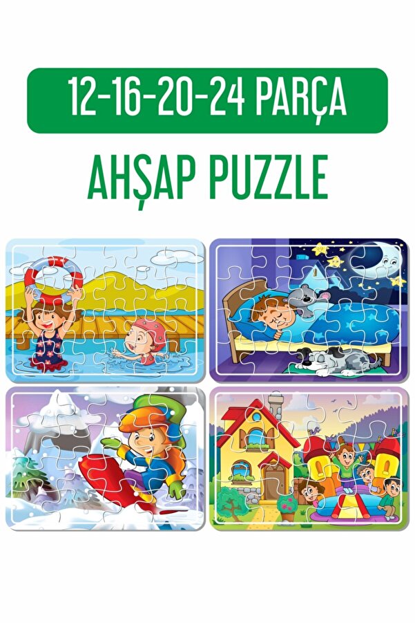 LİPYOS Parkta Oyun, Kışın Kar, Uyku Vakti, Denizde Oyun 4'lü Ahşap Puzzle Set