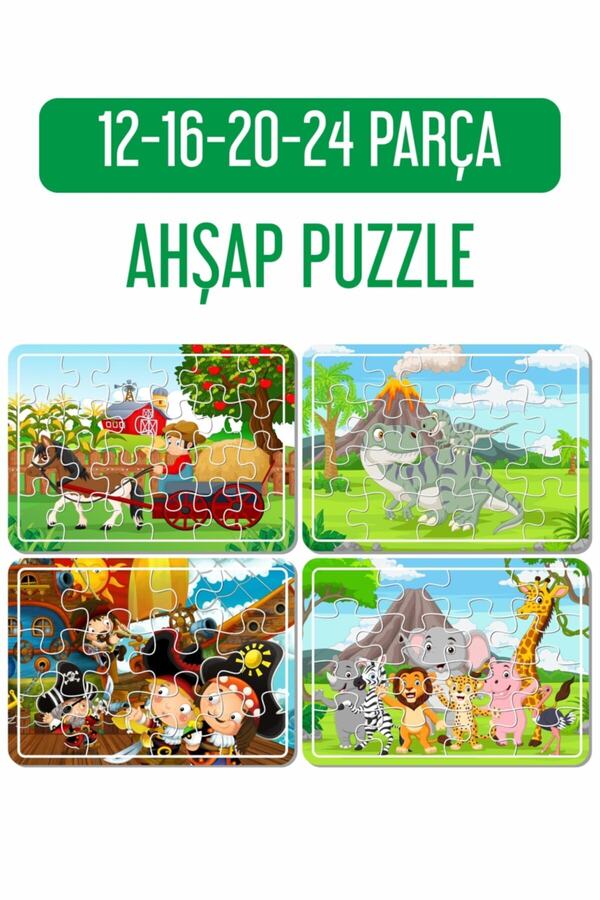 LİPYOS Sevimli Korsanlar, Dinazorlar, Sevimli Hayvanlar, At Arabası 4'lü Ahşap Puzzle Set