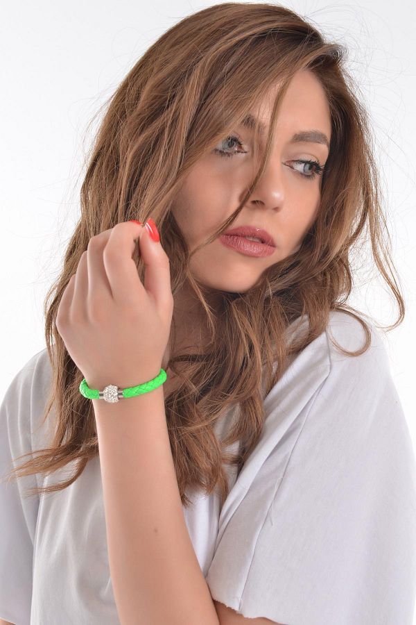 LABALABA-Neon Green Colored Women's Bracelet - Steel Closure with Stone Detail 1