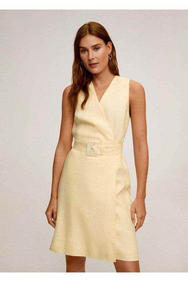 MANGO Women s Pastel Yellow Belted Linen Dress 67029025 Trendyol
