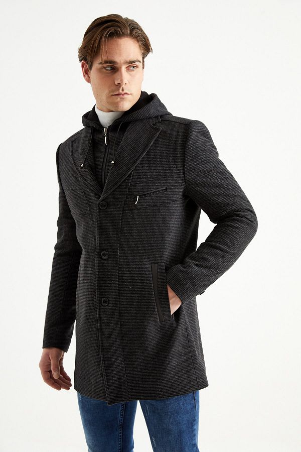 DYNAMO-Men's Black Wool Blended Patterned Cashmere Hooded Zippered Front and Buttoned Coat 1