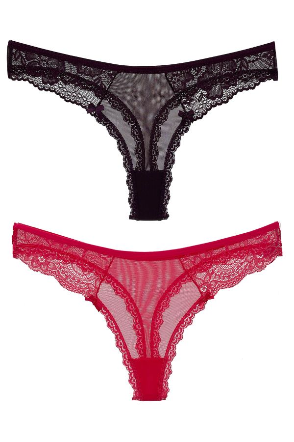 HNX 2-Piece String Women's Thong Panties with Tulle Lace Detail on