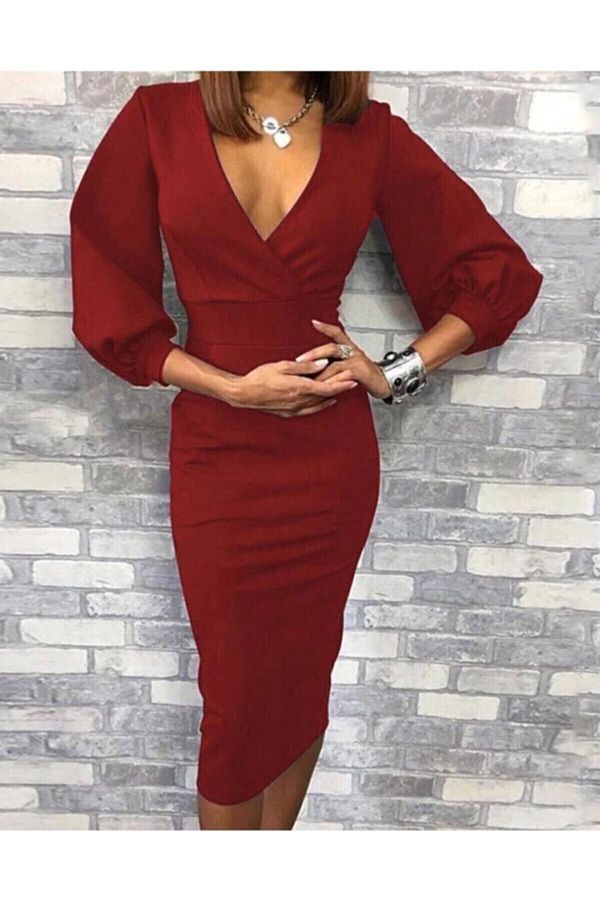 vuvutasar m Women s Stretchy Crepe Fabric Double Breasted Collar Long Sleeve Burgundy Dress Trendyol