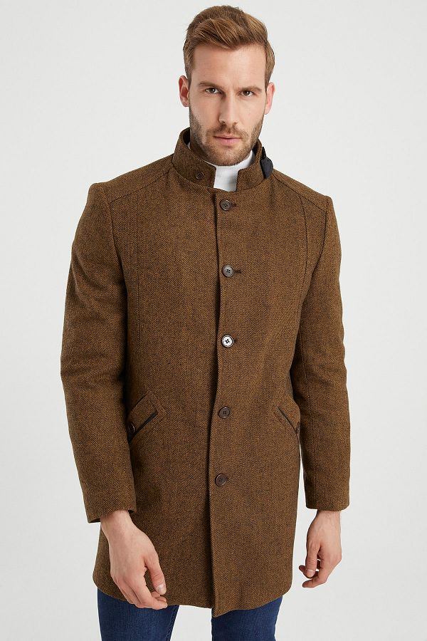 DYNAMO-Men's Mustard Wool Blended Stand Collar Stamp Coat 1