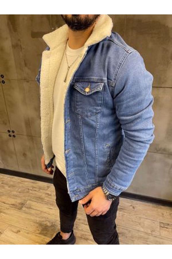 Mens light blue denim jacket with fur collar outlet