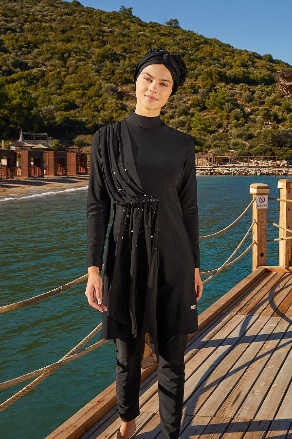 Adasea-Black Hijab SwimsuiT - Lycra, Tulle Pearl DeTail, Full Covered 4248 1