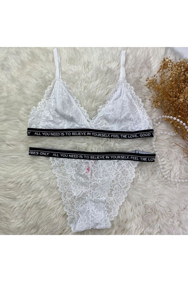 Koza-Women's White Non-Wireless Written Lace Bralette Bra Set 1