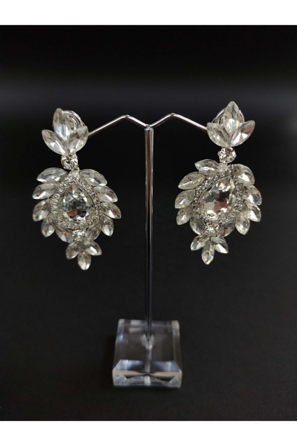 Türkay Aksesuar-White Crystal Stone Henna Wedding Bridal Earrings 1