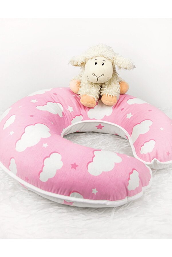 Babynest Emzirme Yastığı Ve Destek Minderi Pembe Bulut (BEYAZ BİYELİ)