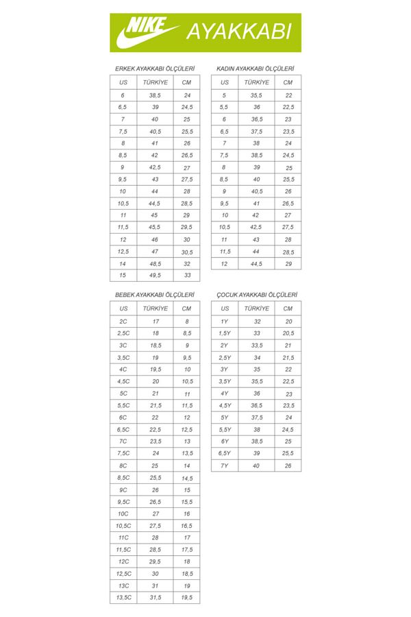Nike sunray size chart best sale