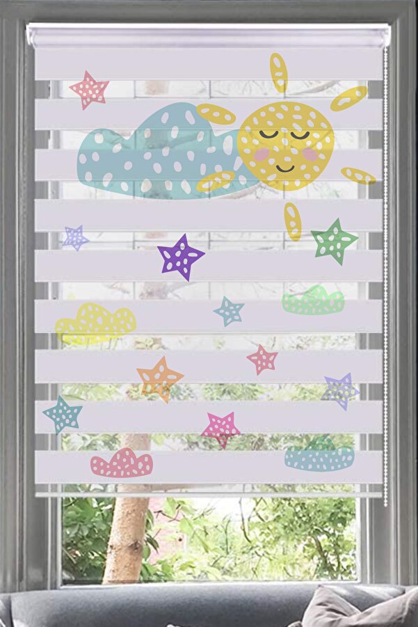 Lotus Güneş Ve Bulut Desenli Zebra Perde-çocuk Odası - Bebek - Güneş