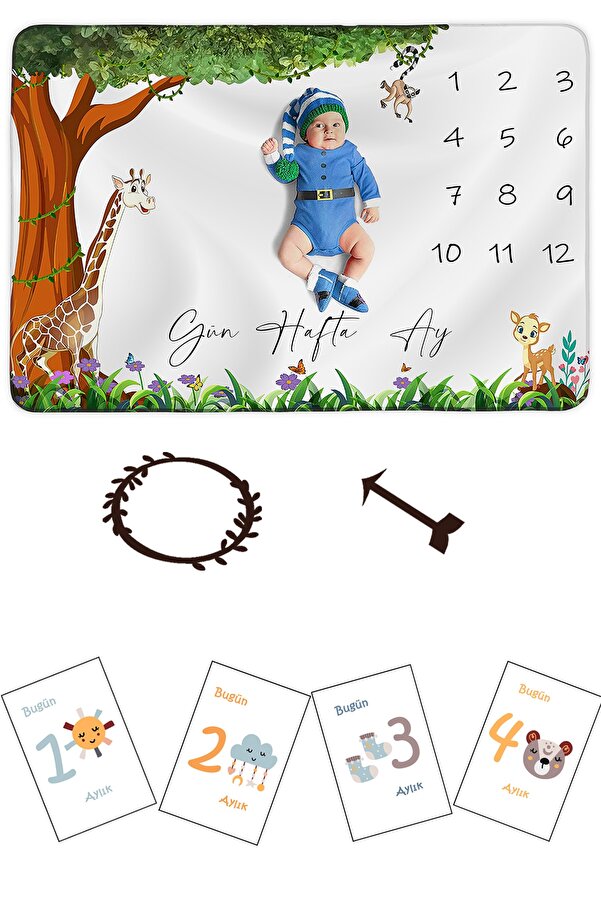 Moky Design Bebek İçin Polar Anı Battaniyesi ve 12’li Aylık Hatıra Fotoğraf Çekimi Anı Kartı Yeni Doğan Hediyesi