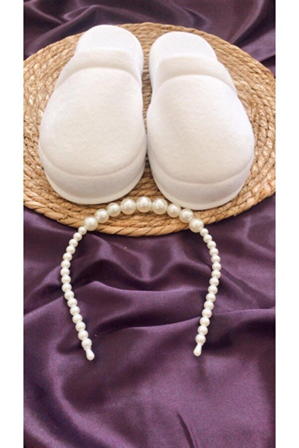 Hüner aksesuar Kadın Incili Kalın Taban Lohusa Taç Terlik – Lohusa Seti