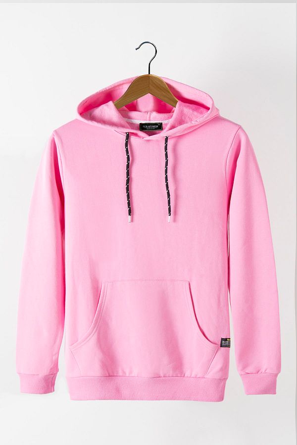 VEAVEN-Men's Pink Hooded Kangaroo Pocket Basic Sweatshirt 1