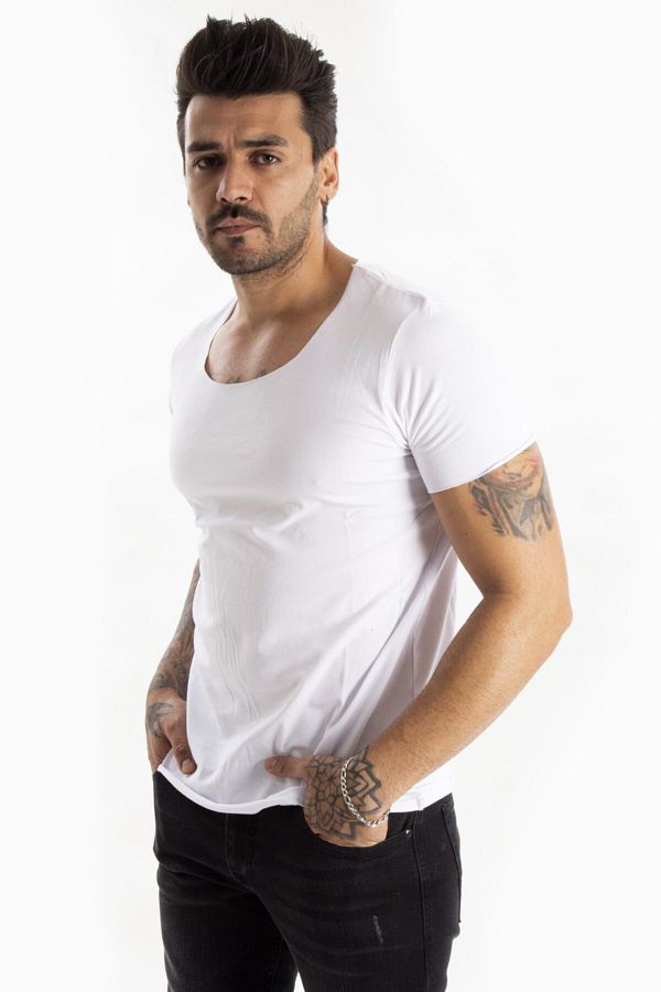 DeepSEA-Tricou alb cu guler lat din Lycra Guler oval Fusta slim Fit Tricou oval cu guler deschis 1801199 1