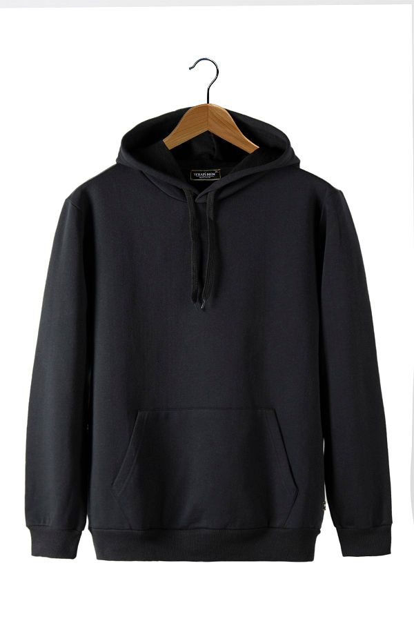 VEAVEN-Men's Black Hooded Kangaroo Pocket Basic Sweatshirt 1