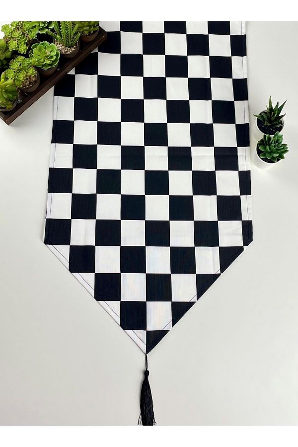 FUS BLUE-Checkerboard Patterned Tassel Runner 1