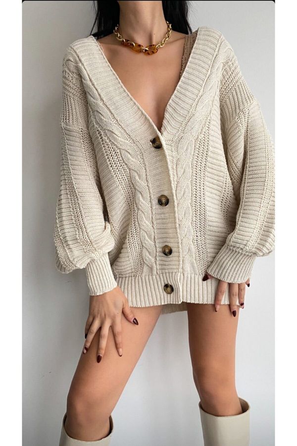 Barnies-Women's Knitted Patterned Balloon Sleeve Casual Knitwear Cardigan 1