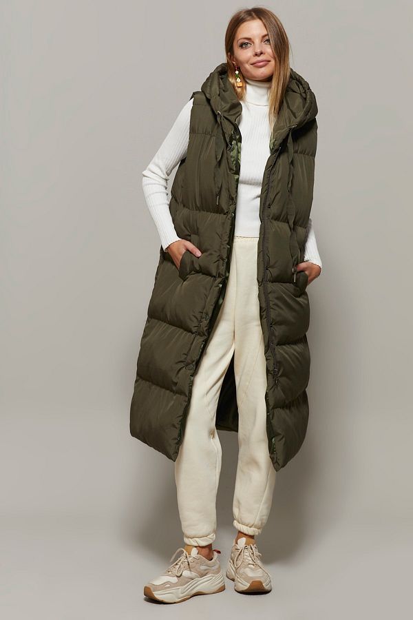 Cool & Sexy-Women's Long Puffer Vest in Khaki - Daf05 1