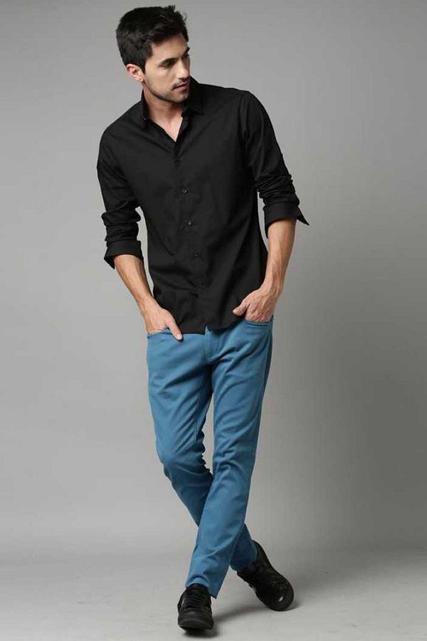 Lumans-Men's Black Matte Satin Slim Fit Shirt 1