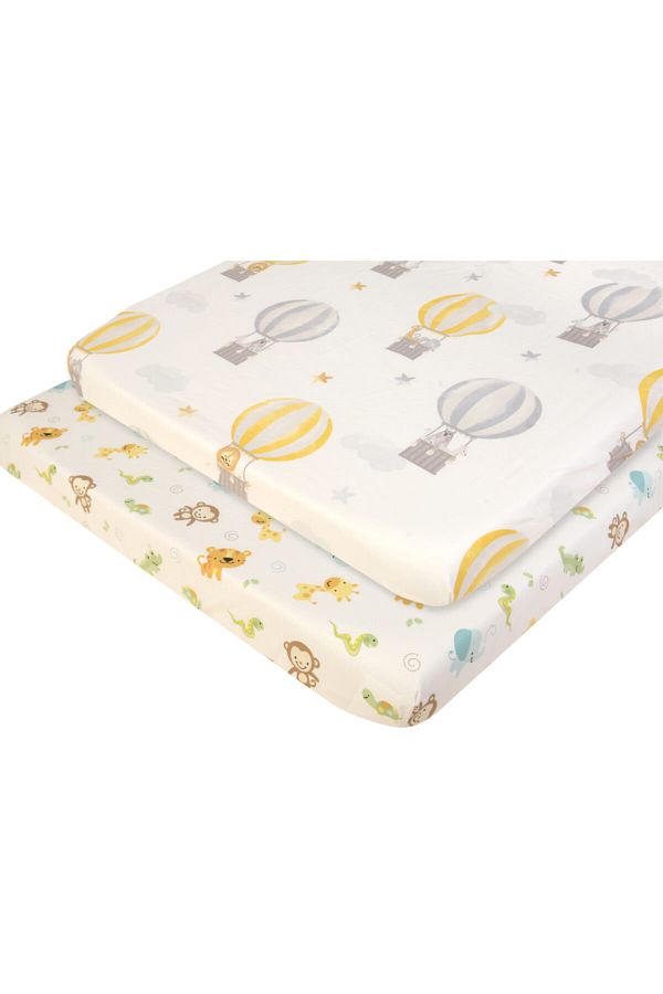 NAB-Mother's Side Crib Sheet with Elastic 2 Different Patterns Balloons and Forest Animals 60x90 +12 CmSet of 2 1