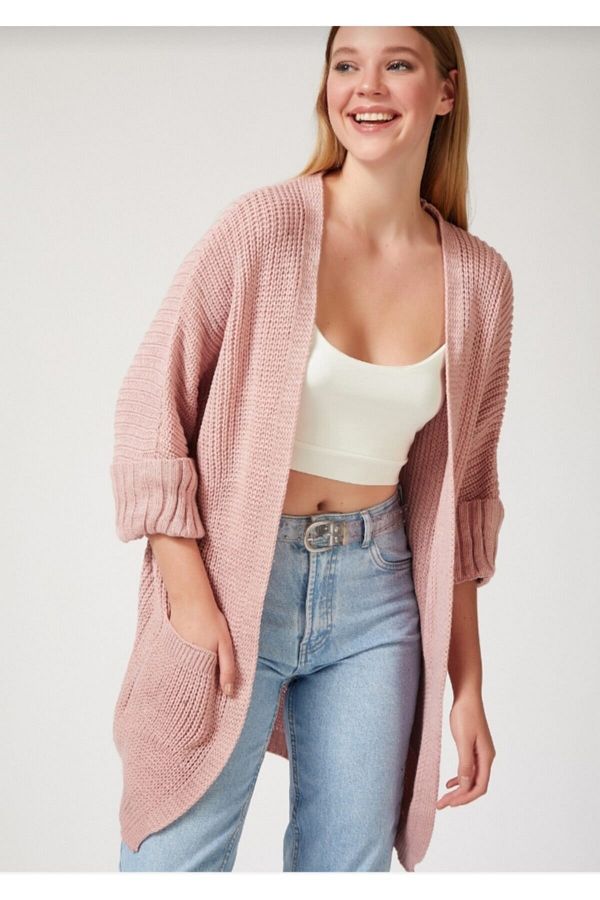 Happiness stanbul Women s Pink Oversize Long Pocket Knit Cardigan AS00003 Trendyol