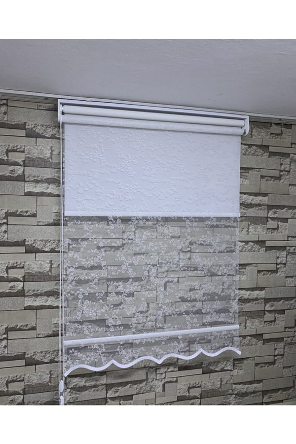 PERDECİNİZ-Ivy Small Rose Patterned Double System Tulle Roller Blinds Cream Color (with Skirt) 1