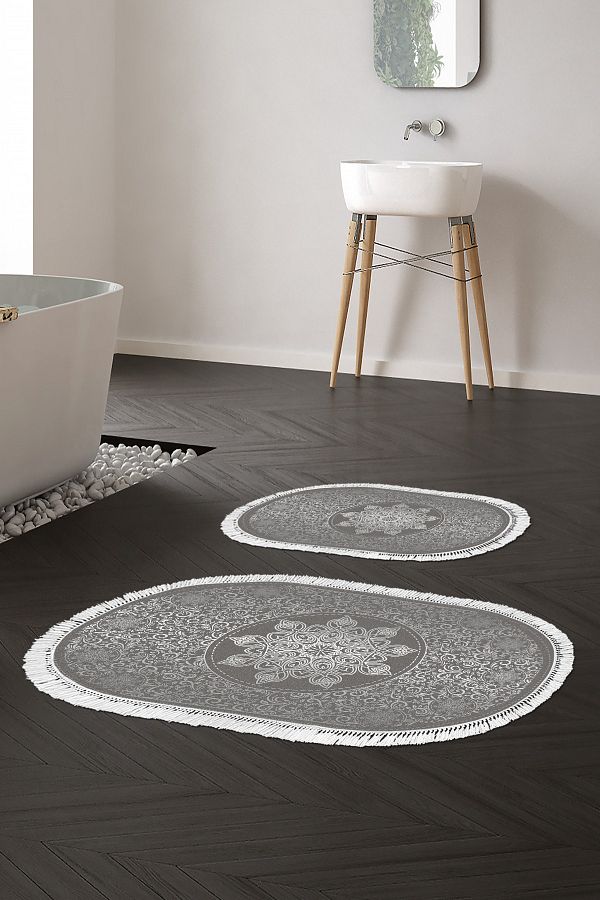 Alanur Home-Eko Trend Djt 2 Piece Washable Base Oval Bathroom Mat 1448 Ottoman Silver (60 X 100 - 50 X 60) 1