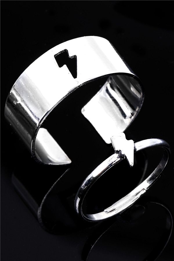 LABALABA-Silver Color Lacquer Plated Adjustable Pair of 2 Rings with Lightning Bolt Figure 1