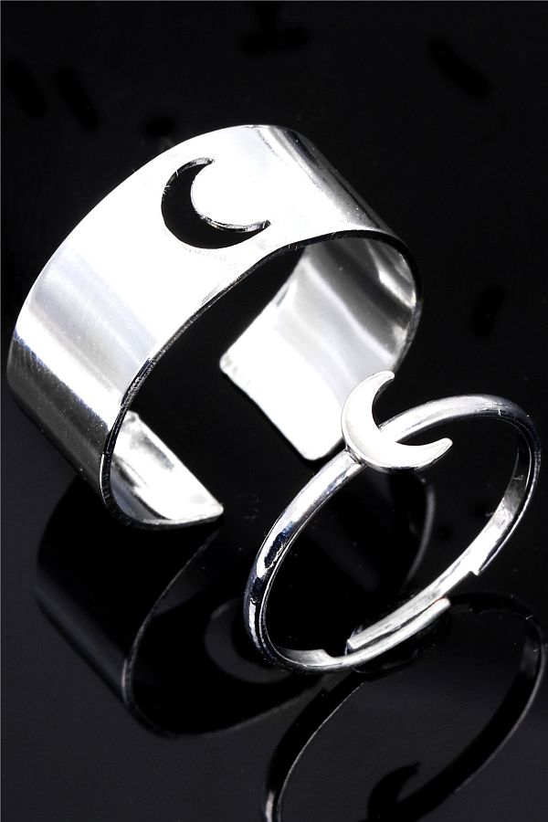 LABALABA-Silver Color Lacquer Plated Adjustable Pair of 2 Rings with Moon Figure 1