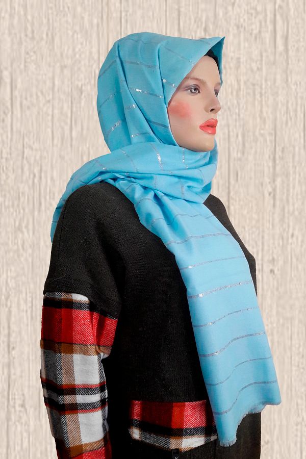 Modakaşmir-Fashion Cashmere Stripe Glitter Turquoise Shawl 1
