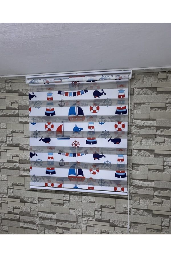 PERDECİNİZ-Blue Lighthouse Printed Zebra Curtain (Set Flat Plain) 1