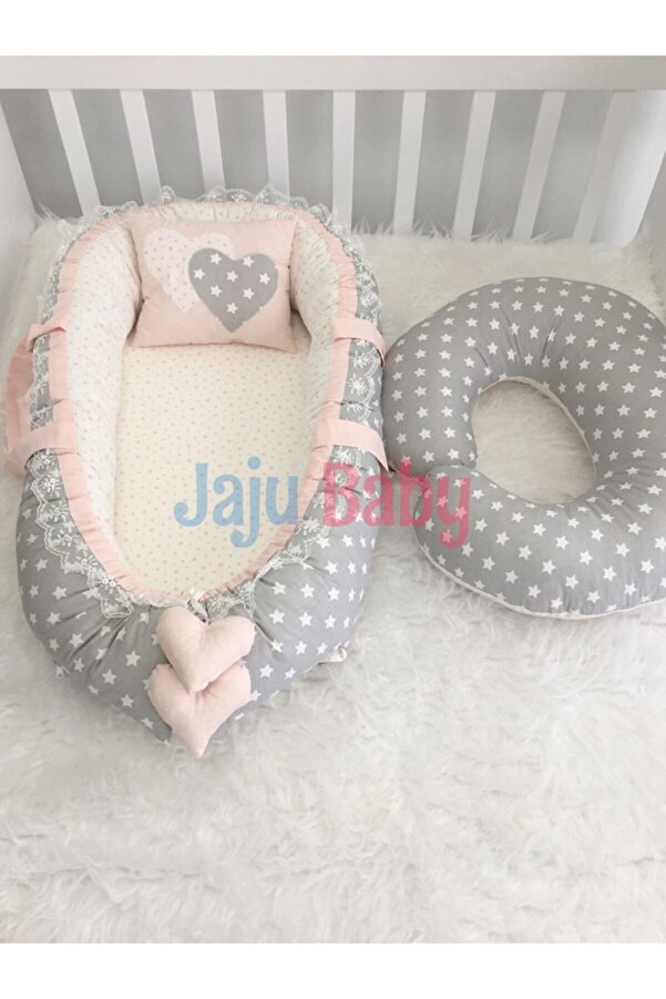 Jaju Baby Nest Gri Yıldızlı Lüx Jaju-babynest Anne Yanı Bebek Yatağı Ve Emzirme Yastığı Set