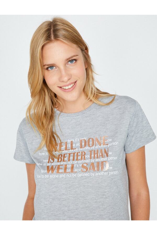 Koton-Women's Gray Text Printed T-Shirt 9KAK13993EK 1