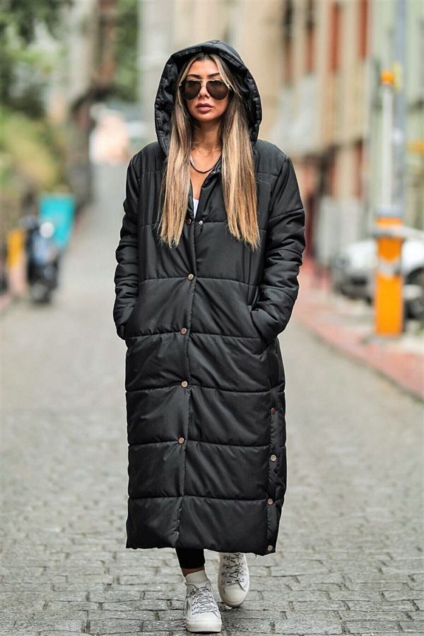 forte bella Women s Long Plain Black Puffer Coat Trendyol