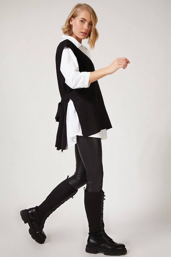 Resk fashion-Pulover negru de damă, cu decolteu în V, lung, tricotat 1