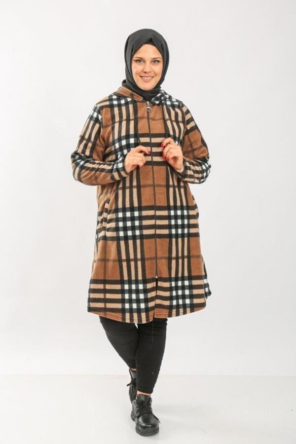 Aşkı Endam-Plus Size Hooded Zippered Fleece Cap - Mink Four Lines 1