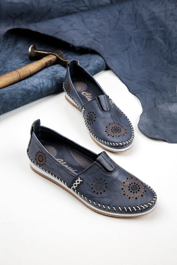 Lal Shoes & Bags-Loyd (%100) حذاء فلات نسائي مريح جلد طبيعي - أزرق داكن 1
